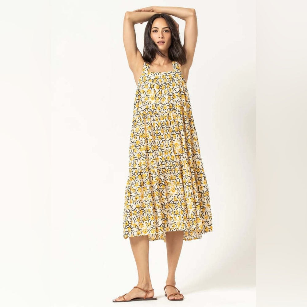 LILLA P. $200 PEPLUM SEAM TANK DRESS - GOLD PRINT - Picture 3 of 7